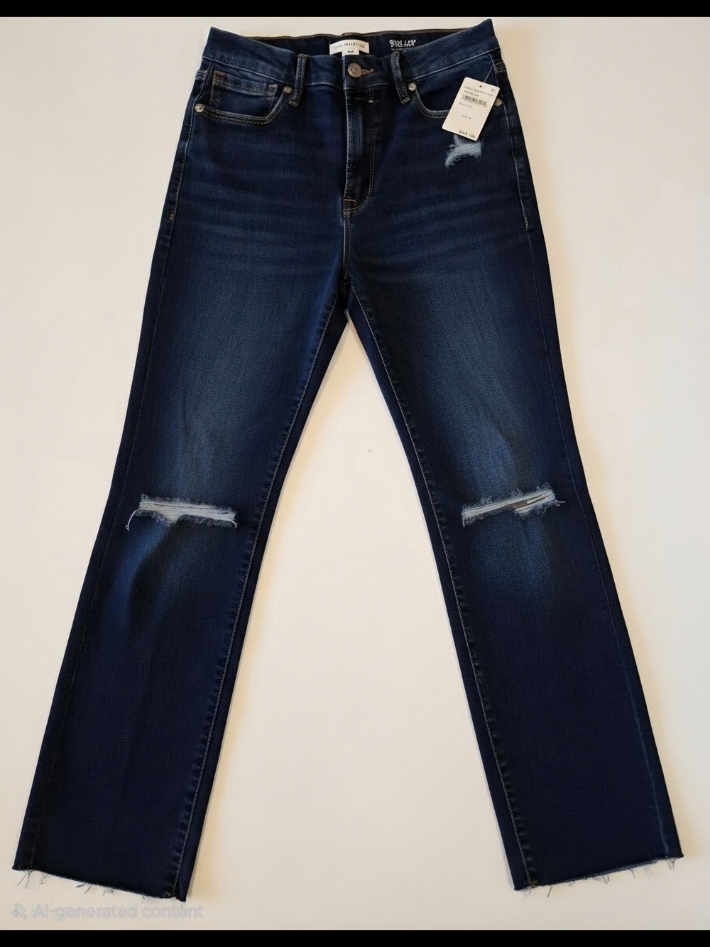Good American Dark Indigo Straight Leg Jeans with Knee Rips